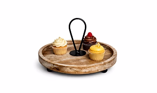 Premium Round Wooden Serving Tray with Metal Handle | Rustic Cupcake Stand | Ideal for Home & Hospitality Use