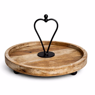Rustic Round Wooden Serving Tray with Metal Handle | Cupcake Stand & Dessert Platter