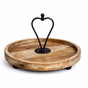Rustic Round Wooden Serving Tray with Metal Handle | Cupcake Stand & Dessert Platter