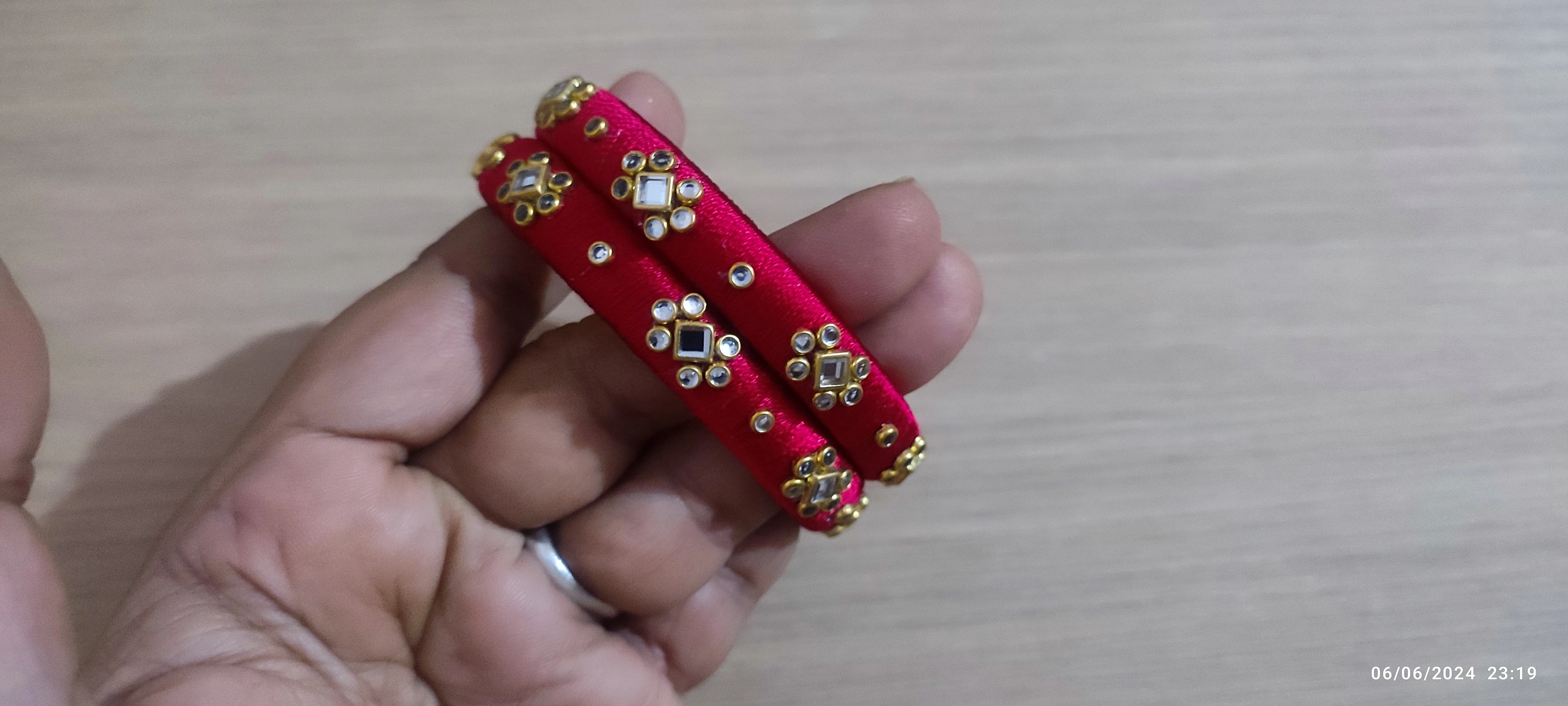 Stunning pair of Handmade Silk Thread Bangles With Kundan Work.-1