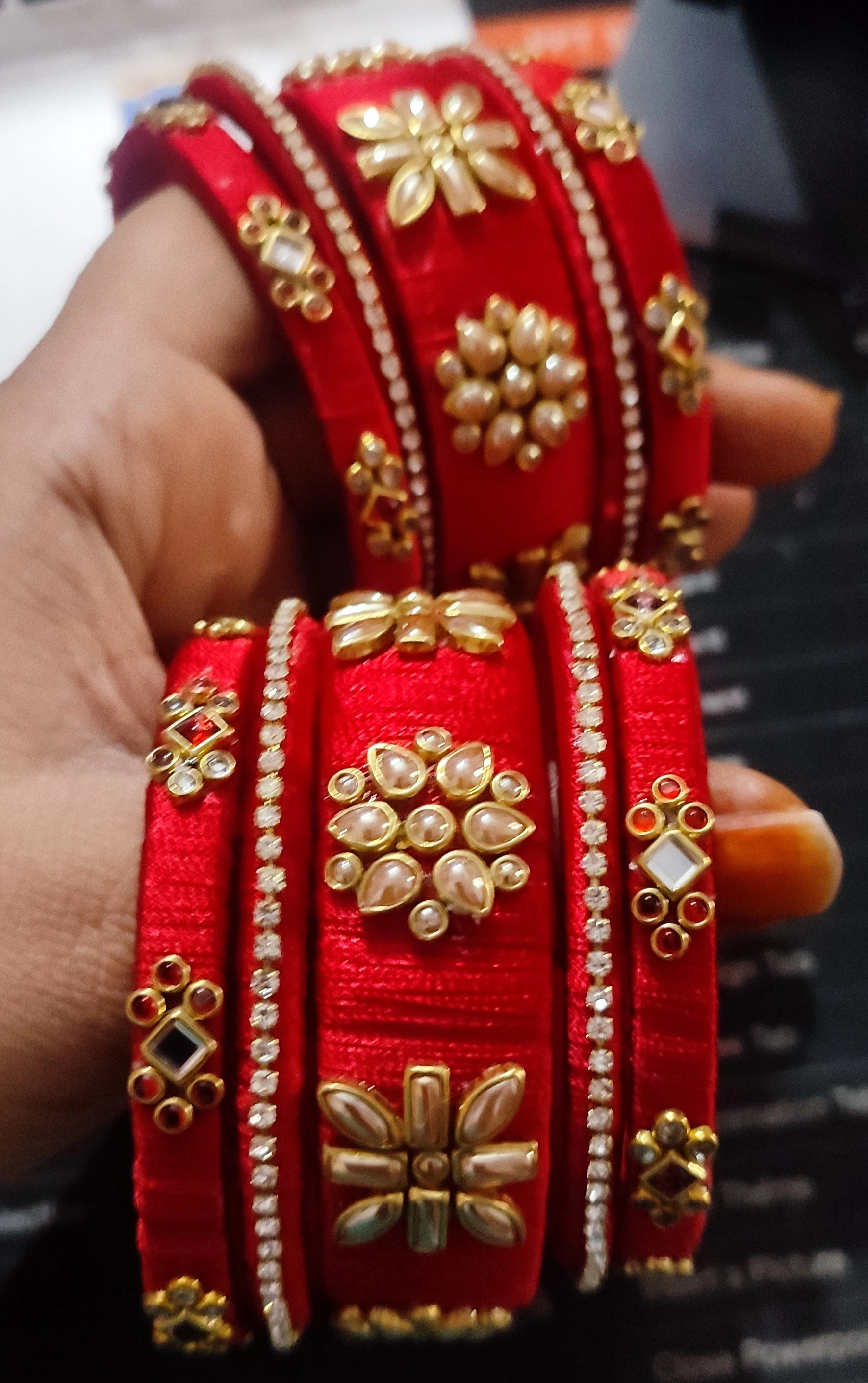 Adorable customized Silk Thread Bangles with Kundan Work( set of 10 bangles)-12624360