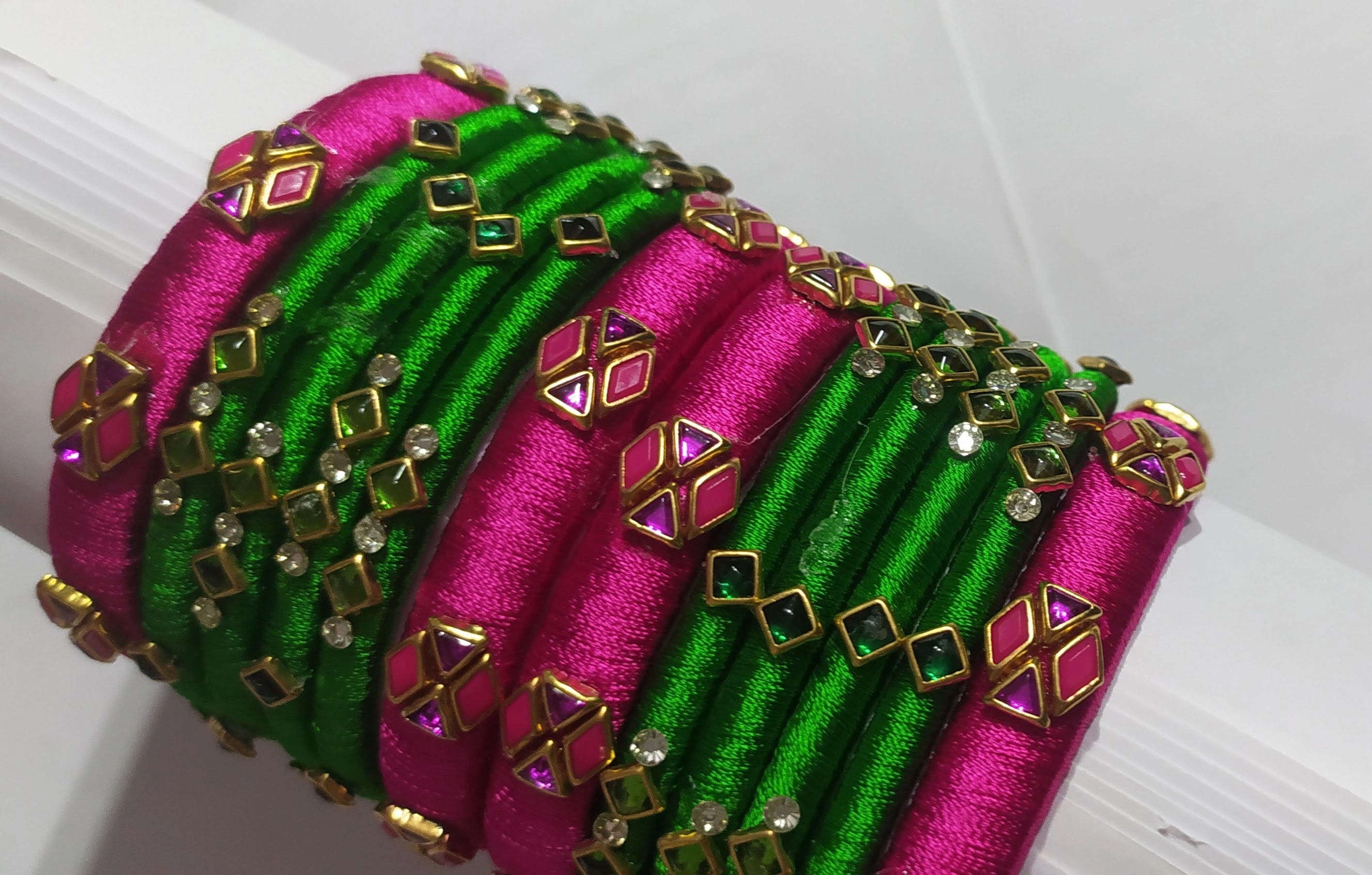 Grand Looking handmade Silk Thread Bangles with Kundan Work (set of 12 bangles)-1