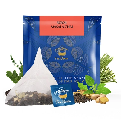 Tea Sense Royal Masala Chai | 15 Pc Pyramid Tea Bags | Kadak Flavor | CTC Tea, Ginger, Cardamom, Clove, Cinnamon, Black Pepper, Star Anise
