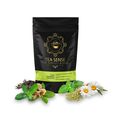 TEA SENSE Tulsi Chamomile Green Tea | Loose Leaf | 100 g | Rama, Shyama, Vana Tulsi, Fennel, Chamomile, and Ginger | Calming and Relaxing | 50+ Cups