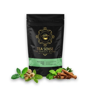 TEA SENSE Tulsi Spiced Green Tea | Loose Leaf | 100 g | Cinnamon, Spearmint and Ginger | Rich in Antioxidants | 50+ Cups