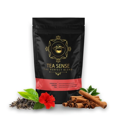 TEA SENSE Hibiscus Green Tea | Loose Leaf | 100 g | Green Tea, Hibiscus & Cinnamon | Refreshing Taste | 50+ Cups | Keeps Heart Healthy