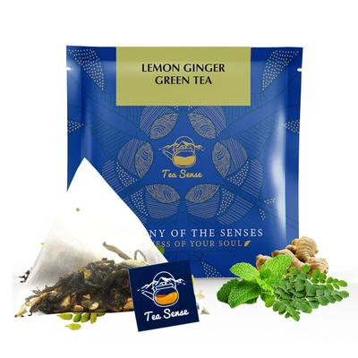 TEA SENSE Lemon Ginger Green Tea | 15 Pc | Pyramid Tea Bags in Sealed Pouches | Green Tea with Lemon and Ginger | Revitalising | Can be Rebrewed