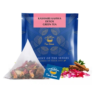 TEA SENSE Kashmiri Kahwa Detox Green Tea | 15 Pc | Pyramid Tea Bags in Sealed Pouches | Fresh Healthy Green Tea, Kashmiri Saffron | Can be Rebrewed