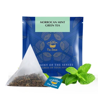 TEA SENSE Moroccan Mint Tea | 15 Pc | Pyramid Tea Bags in Sealed Pouches | Fresh Healthy Organic Green Tea and Refreshing Spearmint | Can be Rebrewed