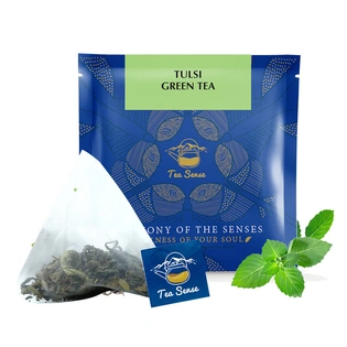 TEA SENSE Tulsi Green Tea | 15 Pc | Pyramid Tea Bags in Sealed Pouches | Fresh Healthy Organic Green Tea & Tulsi