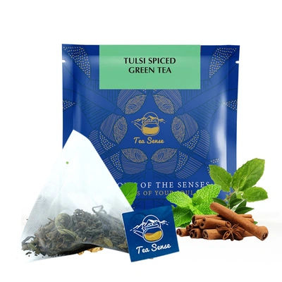 TEA SENSE Tulsi Spiced Green Tea | 15 Pyramid Tea Bags in Sealed Pouches | Fresh Healthy Blend of Organic Green Tea, Tulsi, and Other Indian Herbs | Rebrewed Multiple Times