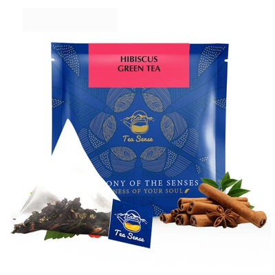 TEA SENSE Hibiscus Green Tea | 15 Pc | Pyramid Tea Bags in Sealed Pouches | Fresh Healthy Green Tea and Hibiscus | Can be Rebrewed Multiple Times