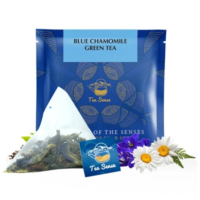 TEA SENSE Blue Chamomile Green Tea | 15 Pc | Pyramid Tea Bags in Sealed Pouches | Fresh Healthy Green Tea, Blue Pea and Chamomile Flower | Can be Rebrewed
