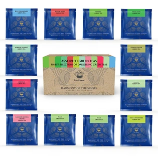 TEA SENSE Assorted Green Tea Sampler Trial Pack | 12 Flavours | 15 Pc Pyramid Tea Bags in Sealed Pouches | Fresh Healthy Green Teas, Herbs Flowers & Spices | Can be Rebrewed