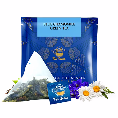 tea sense blue chamomile green tea | 15 pc | pyramid tea bags in sealed pouches | fresh healthy green tea, blue pea and chamomile flower | can be rebrewed