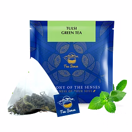 tea sense tulsi green tea | 15 pc | pyramid tea bags in sealed pouches | fresh healthy organic green tea & tulsi