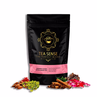 tea sense kashmiri kahwa detox green tea | loose leaf | 100 g | almonds, saffron, cinnamon, cardamom, and cloves | detox and relaxation | 50+ cups