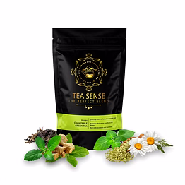 tea sense tulsi chamomile green tea | loose leaf | 100 g | rama, shyama, vana tulsi, fennel, chamomile, and ginger | calming and relaxing | 50+ cups