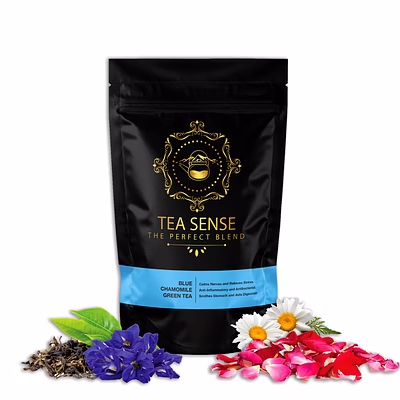 tea sense blue chamomile green tea | loose leaf | 100 g | chamomile, rose petals, and blue pea flowers | soothing and relaxing | 50+ cups
