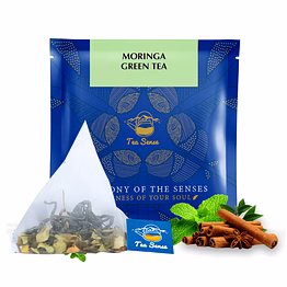 tea sense moringa green tea pyramid bags | 15 pc | pyramid tea bags in sealed pouches | green tea with moringa, spearmint, and cinnamon | refreshing | can be rebrewed