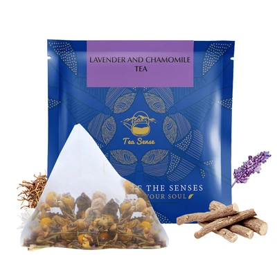 TEA SENSE - Lavender and Chamomile Tea |15 Pc | Pyramid Tea Bags in Sealed Pouches| Soothing Zesty Floral Flavor | Relaxing Aroma | Can be Rebrewed