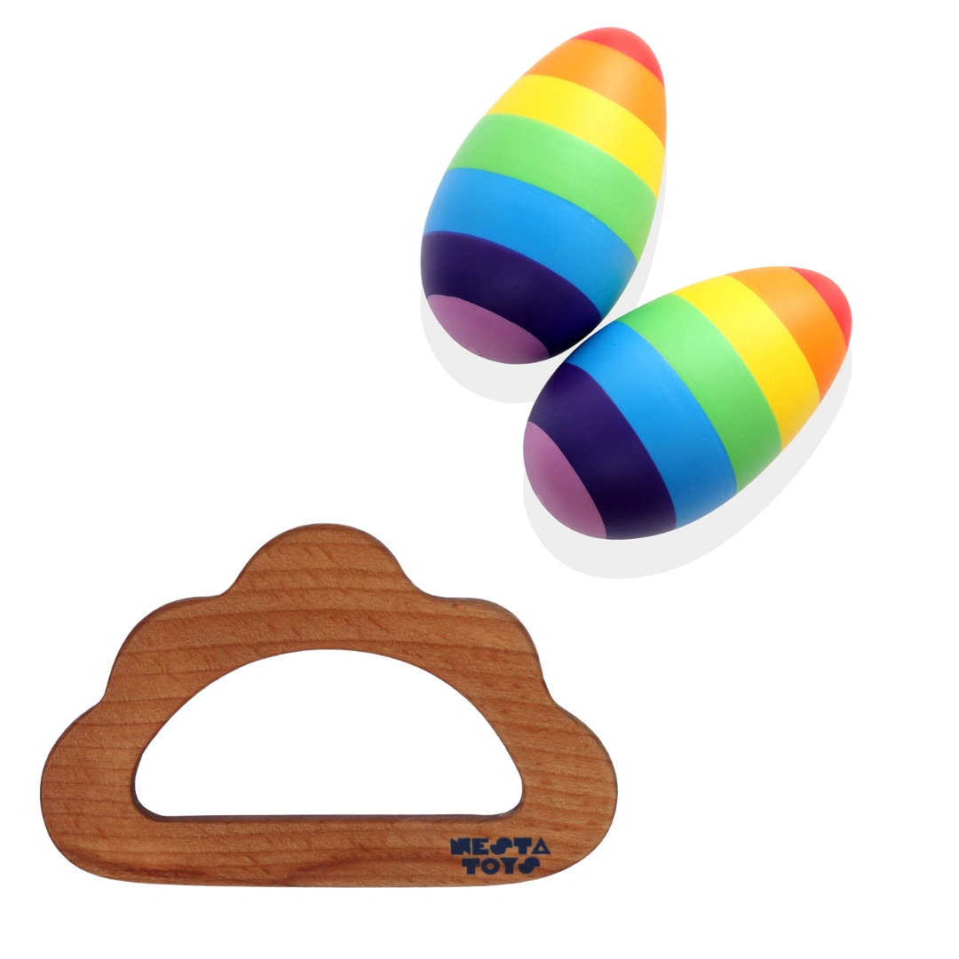 Wooden Egg Shaker (Rattle) &amp; Teether Combo - Baby Shower Gift| Newborn Toy-12360068