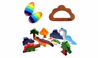 Wooden Dinosaur Blocks, Egg Shaker Rattle & Teether (6+ Months) - Baby Shower Gift| Newborn Toy