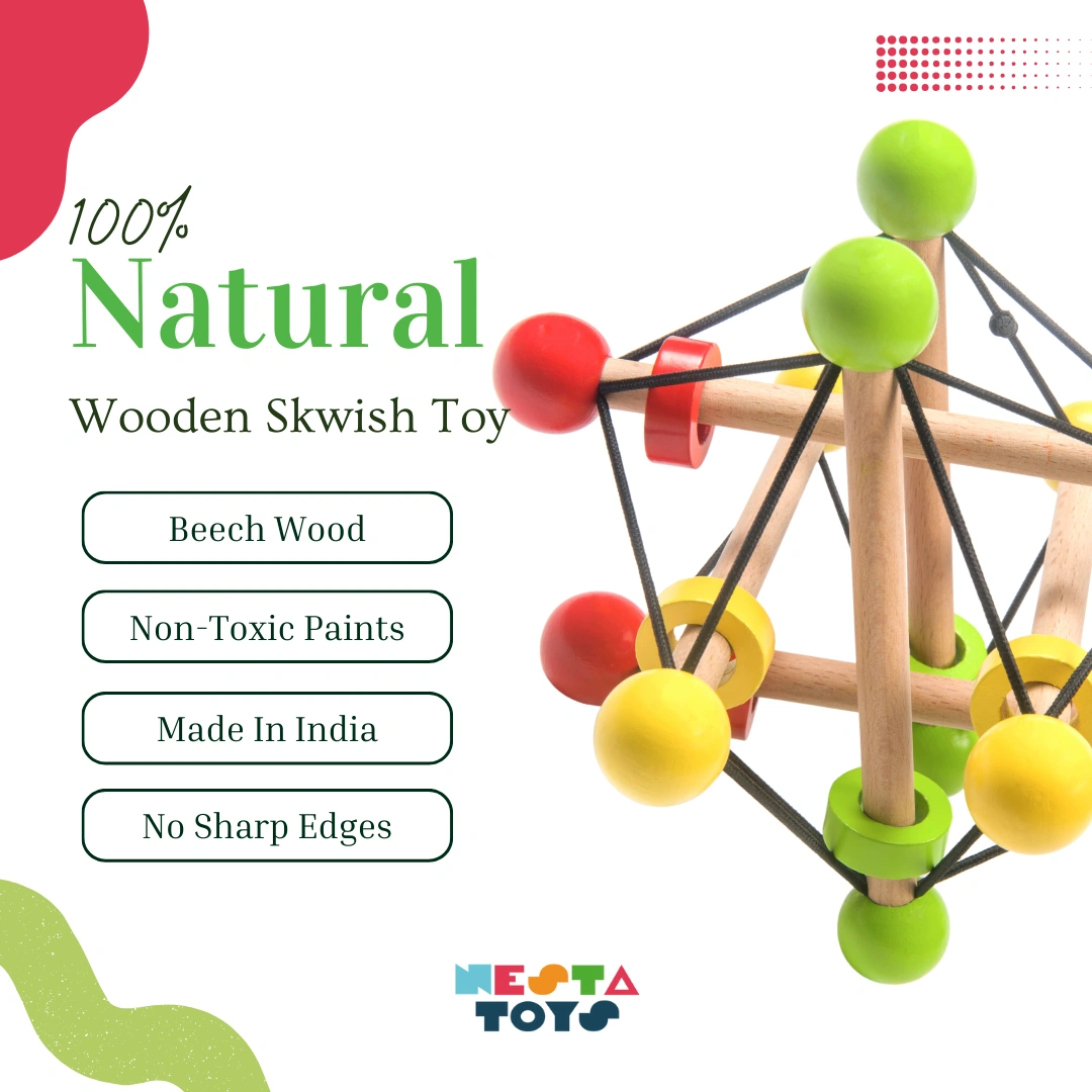 Skwish Wooden Baby Rattle | Teether Grasping Activity Toy-2