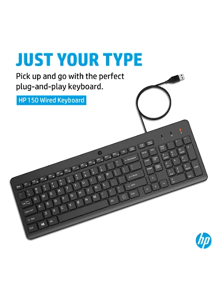 HP 150 Wired Full-Size Keyboard with Low-Profile Quiet Keys