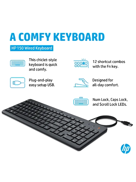 HP 150 Wired Full-Size Keyboard with Low-Profile Quiet Keys-2