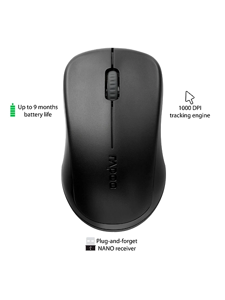 RAPOO 1620 wireless Mouse , 2.4 GHz with USB Nano Receiver, Optical Tracking, Ambidextrous, PC/Mac/Laptop - Black-4