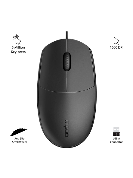 Rapoo N100 Wired USB Mouse, 3 yr Warranty, 1600 DPI Optical Tracking, Ambidextrous PC/Mac/Laptop - Black-2