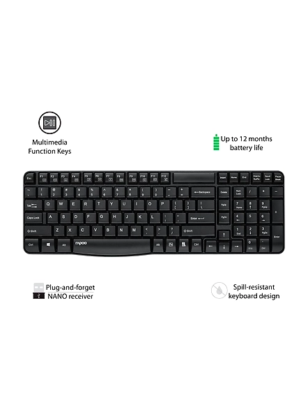 Rapoo E1050 2.4GHz Wireless Optical Keyboard, 10 Meter Transmission Range, Spill-resistant Design, 1000 DPI Mouse, Fn Keys, 12 Multimedia Functions, 3 Years Warranty - Black-4