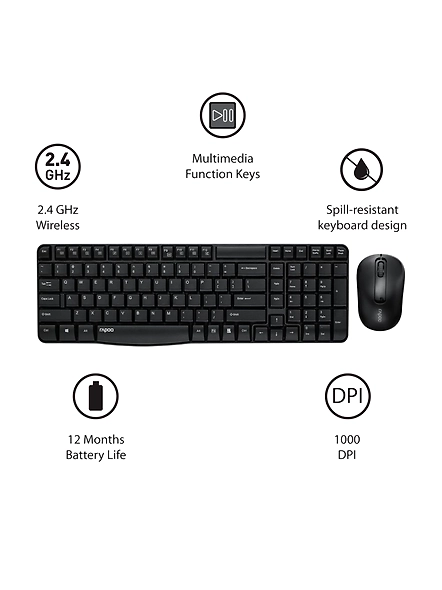 Rapoo X1800S 2.4GHz Wireless Optical Keyboard &amp; Mouse Combo, 10 Meter Transmission Range, Spill-resistant Design, 1000 DPI Mouse, Fn Keys, 12 Multimedia Functions, 3 Years Warranty - Black-4