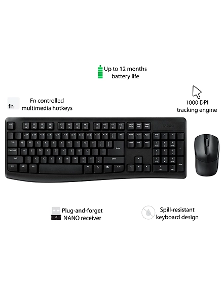 Rapoo X1800Pro 2.4G Wireless Keyboard and Mouse Combo with Spill-resistant and Multimedia hotkeys Design for Laptops Desktops PC-4