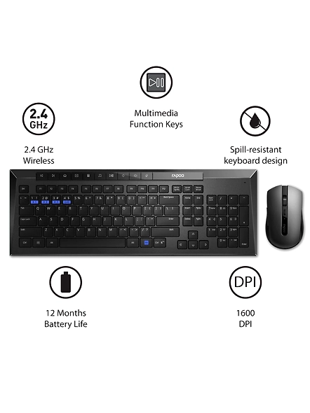 Rapoo 8210M Multi-Mode Keyboard &amp; Mouse Bluetooth 3.0/4.0 Wireless 2.4 GHz 1300 DPI Combo-Black-3