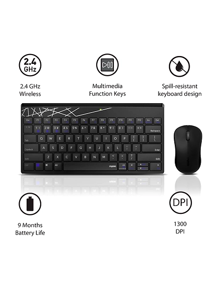 Rapoo 8000M Multi-Mode Keyboard &amp; Mouse Bluetooth 3.0/4.0 Wireless 2.4 GHz 1300 DPI Combo, 3 Years Warranty -Black-4