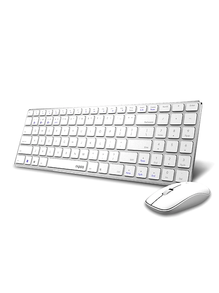 Rapoo 9300m Multi-Device Bluetooth + 2.4Ghz Wireless Keyboard &amp; Mouse Combo Ultra Slim Design, Spill-Resistant, Anodized Aluminum Body Compatible with Windows/PC/Chromebook, 3 Years Warranty - White-1078