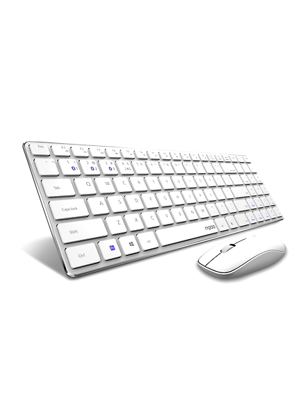 Rapoo 9300m Multi-Device Bluetooth + 2.4Ghz Wireless Keyboard &amp; Mouse Combo Ultra Slim Design, Spill-Resistant, Anodized Aluminum Body Compatible with Windows/PC/Chromebook, 3 Years Warranty - White-1