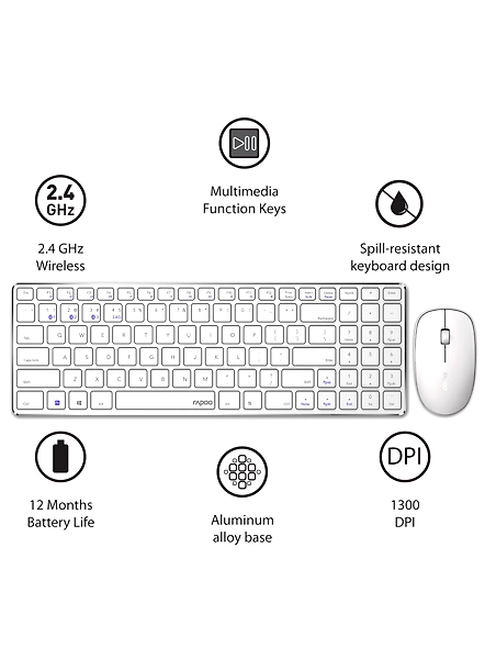 Rapoo 9300m Multi-Device Bluetooth + 2.4Ghz Wireless Keyboard &amp; Mouse Combo Ultra Slim Design, Spill-Resistant, Anodized Aluminum Body Compatible with Windows/PC/Chromebook, 3 Years Warranty - White-4