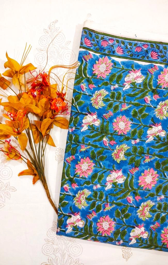Hand block print, floral print, soft cotton fabric, Fabric modern floral fabric Indian print fabric womens dress fabric white blue color-4