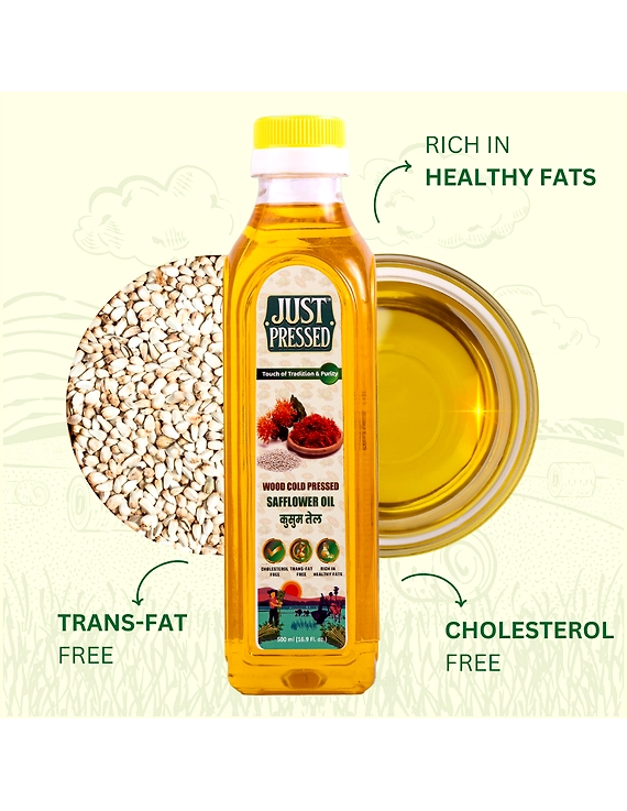 Just Pressed Cold Pressed Safflower Oil | 100% Pure Safflower Kusum Saffola Oil | Unrefined &amp; Zero Additives | Healthy Heart Oil | Saffola Hero Ingredient | Kachi Ghani Oil | Wood Cold Pressed Oil | Safflower Oil 1000 ML-1000 ML-3