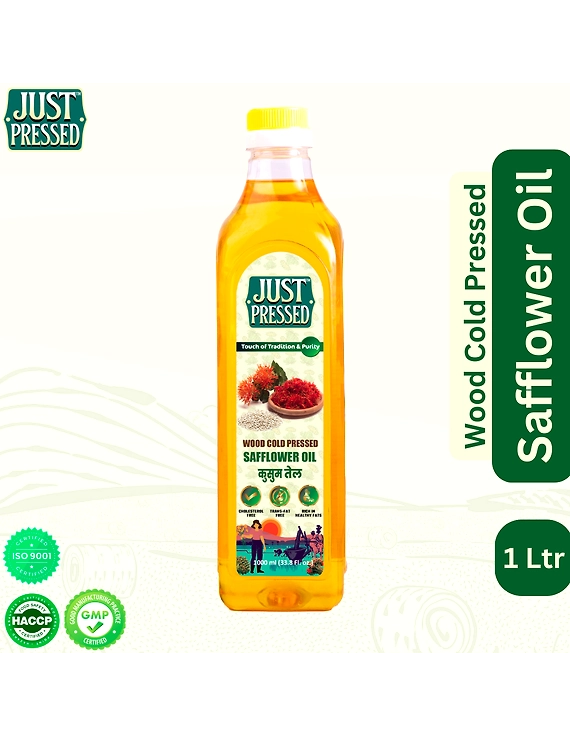 Just Pressed Cold Pressed Safflower Oil | 100% Pure Safflower Kusum Saffola Oil | Unrefined &amp; Zero Additives | Healthy Heart Oil | Saffola Hero Ingredient | Kachi Ghani Oil | Wood Cold Pressed Oil | Safflower Oil 1000 ML-12379142