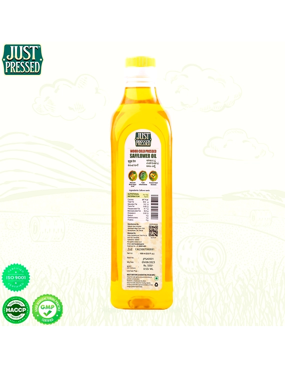 Just Pressed Cold Pressed Safflower Oil | 100% Pure Safflower Kusum Saffola Oil | Unrefined &amp; Zero Additives | Healthy Heart Oil | Saffola Hero Ingredient | Kachi Ghani Oil | Wood Cold Pressed Oil | Safflower Oil 1000 ML-1000 ML-1