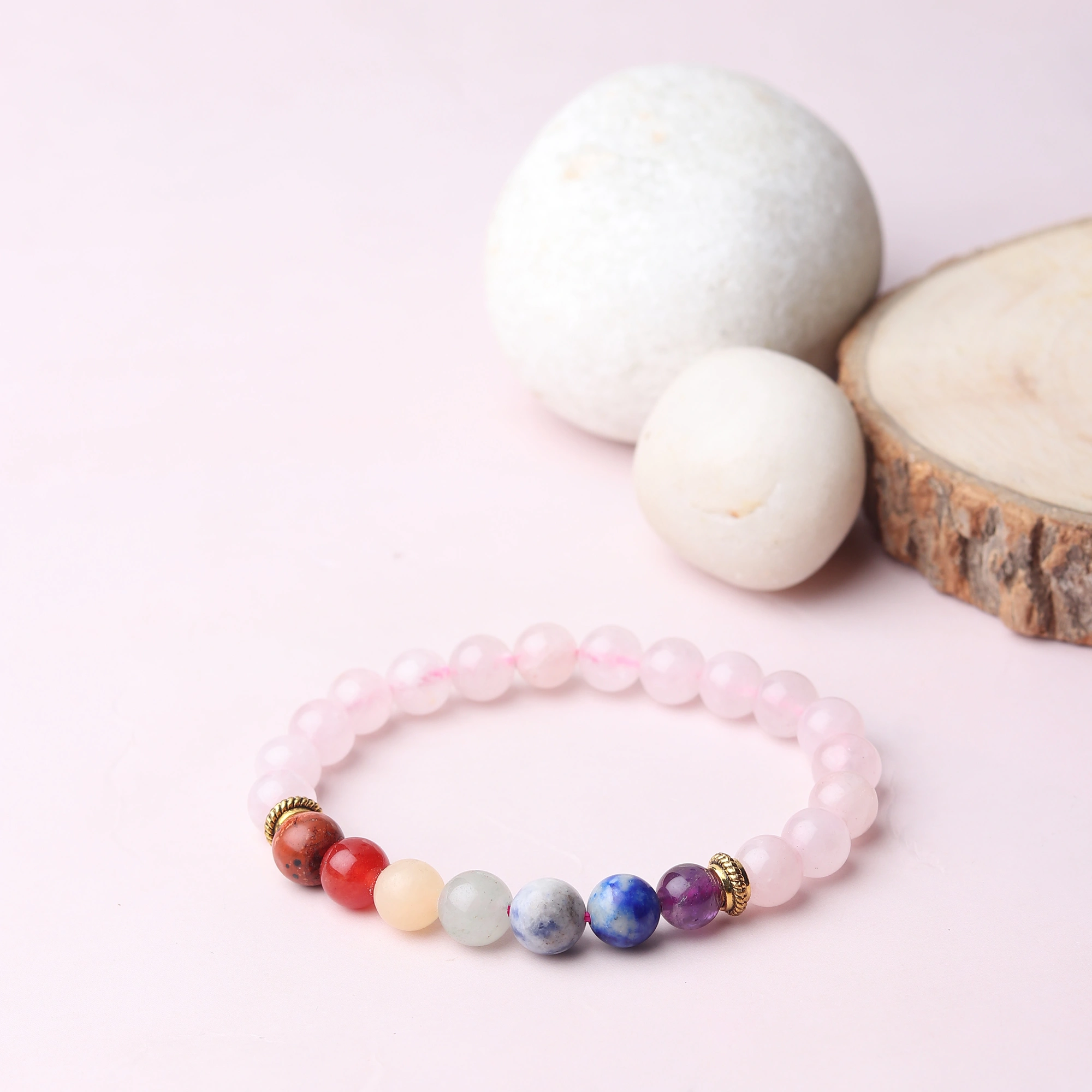 &quot;Chakra Harmony: Authentic, Natural AAA Gemstone Unisex Bracelet for Wellness,Balance, Positive Energy, Healing - Seven Chakra Gemstones and Rose Quartz (7-7.25 Inc, 8 MM)-12433840