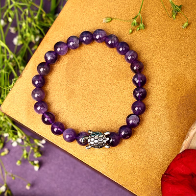 svelandre "divine balance: authentic, natural aaa gemstone unisex bracelet for wellness,balance,positive energy,healing - amethyst bracelet with tortoise charm (7-7.25 inc, 8mm)