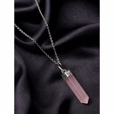 svelandre silverquill rose- natural aaa gemstone unisex pencil pendant with chain for wellness,balance,positive energy,healing - rose quartz ( 30-35mm)