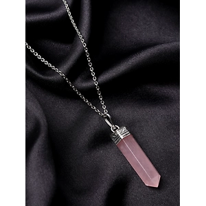 SilverQuill Rose- Natural AAA Gemstone Unisex Pencil Pendant With Chain  for Wellness,Balance,Positive Energy,Healing - Rose Quartz ( 30-35MM)