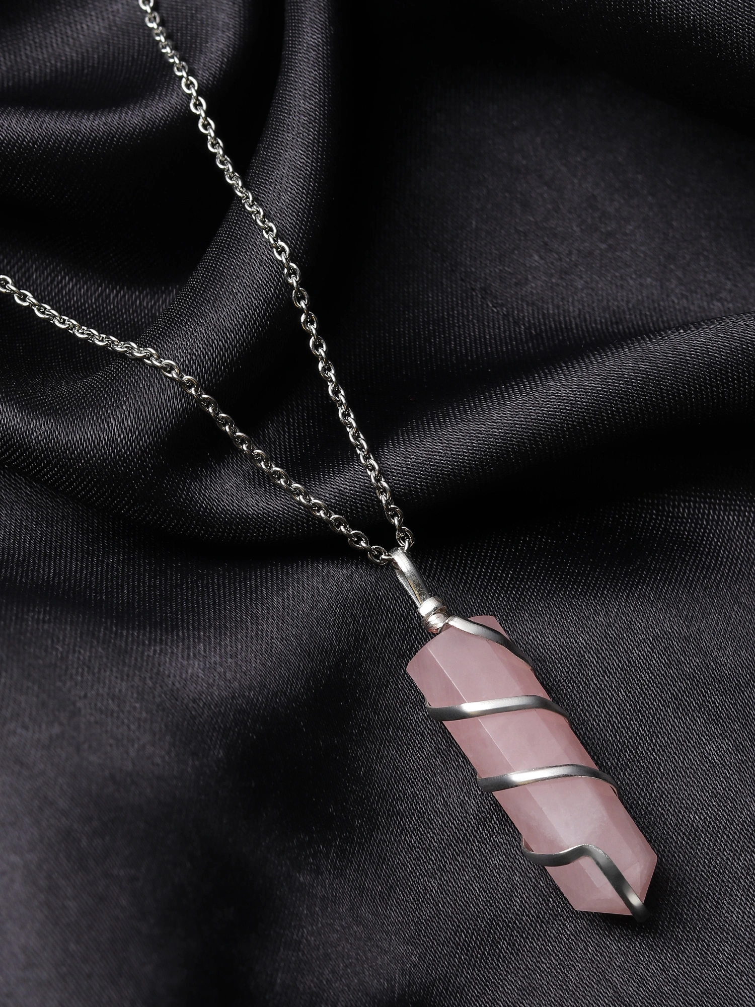 SilverWrap Rose Quartz - Authentic Natural AAA Gemstone Unisex Wrapped Pendant With Chain  for Wellness,Balance,Positive Energy,Healing - Rose Quartz 30-35MM-RQWP-021