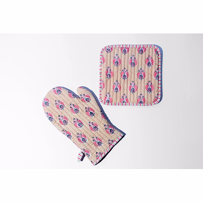 hand block printed cotton glove mat set